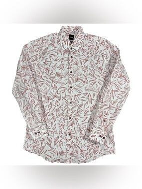 HUGO BOSS Slim Fit Stretch Red Floral Print Long Sleeve Shirt Mens Large NWOT